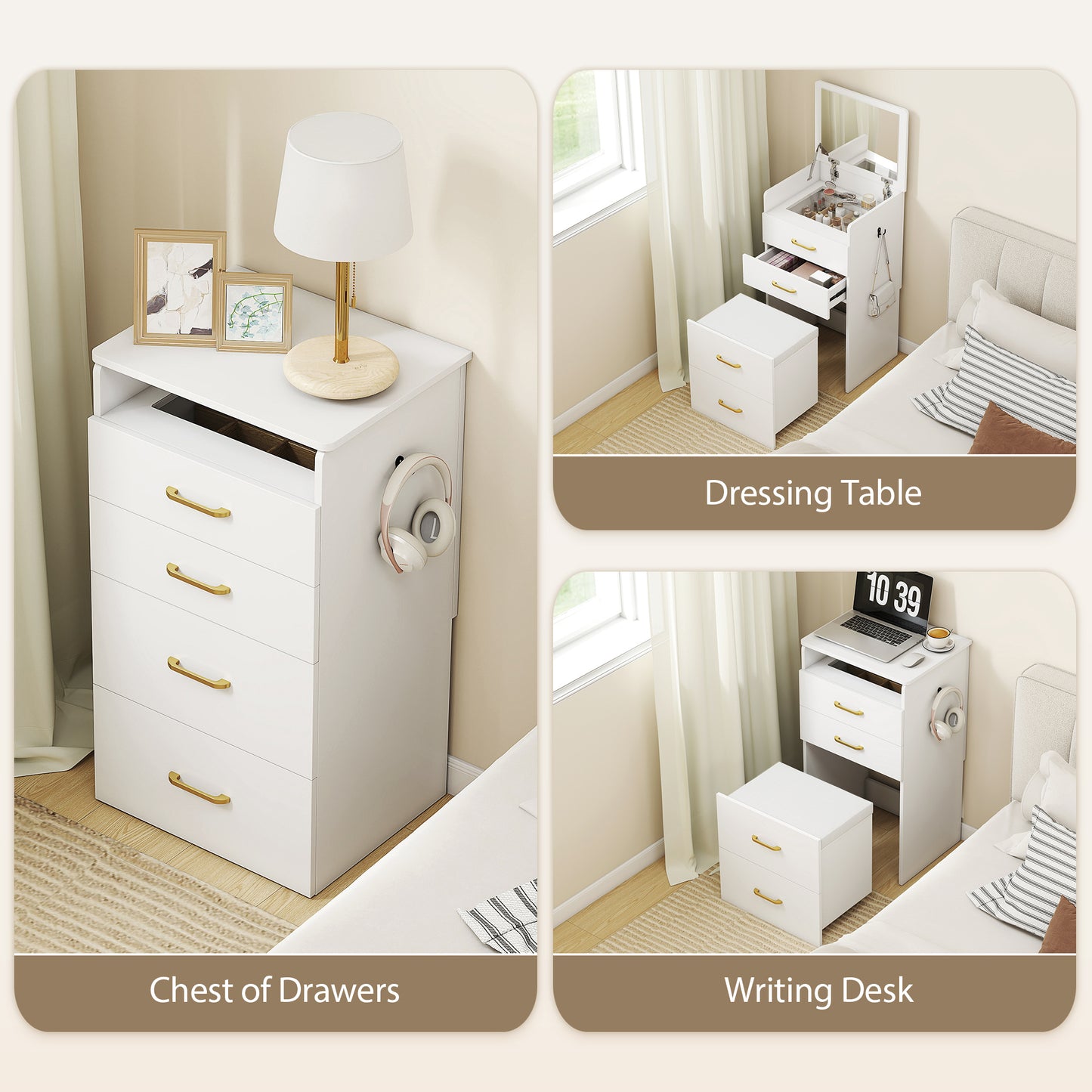 Compact Dressing Table and Stool Set, with Storage - White