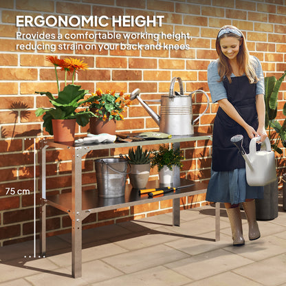 2 Tier Potting Bench Table, Galvanised Steel Garden Planting Work Bench Workstation with Storage Shelf for Outdoor, Patio