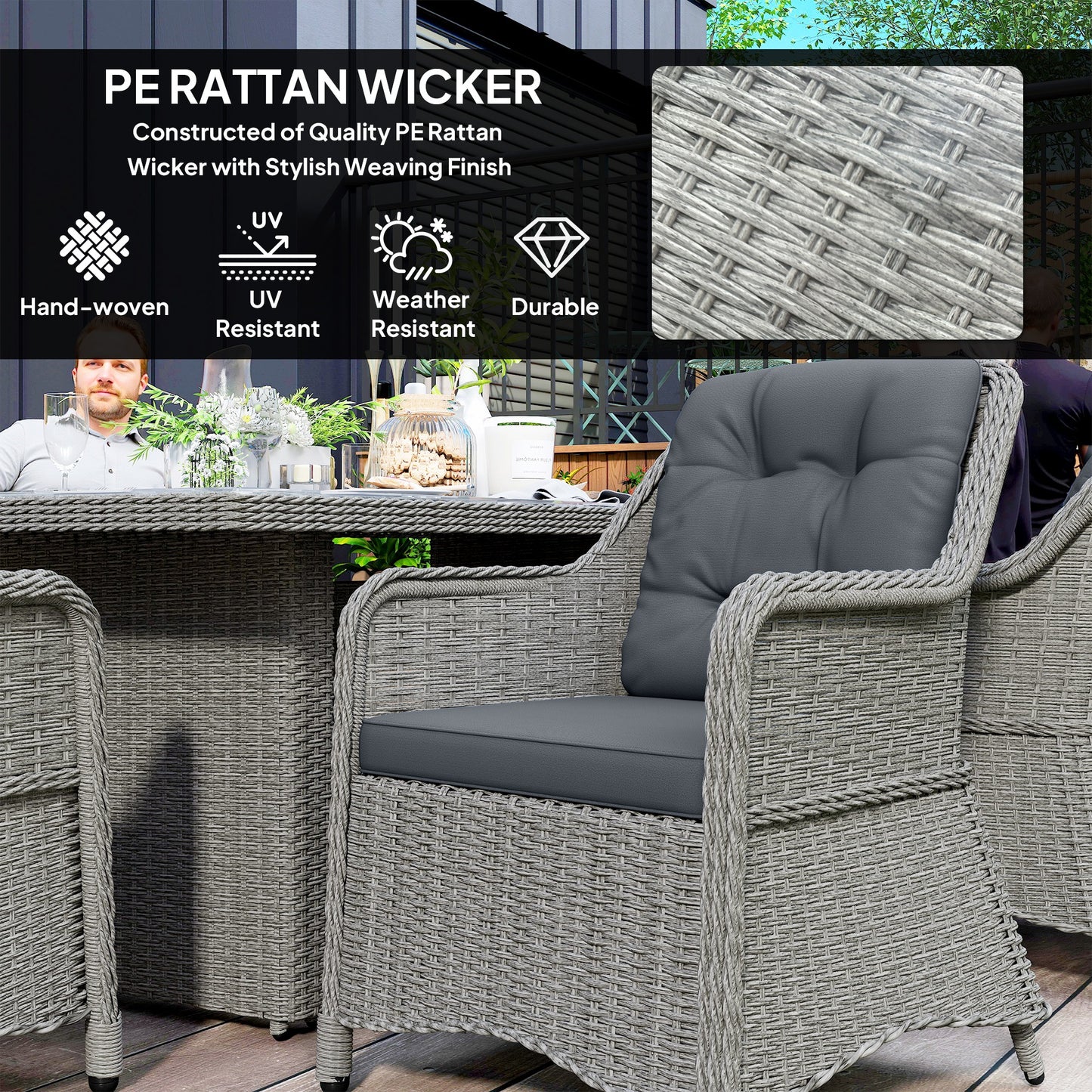 6 Seater Rattan Garden Dining Set with Cushions, Aluminium Outdoor Patio Furniture Set for Garden Gatherings & Outdoor Dining