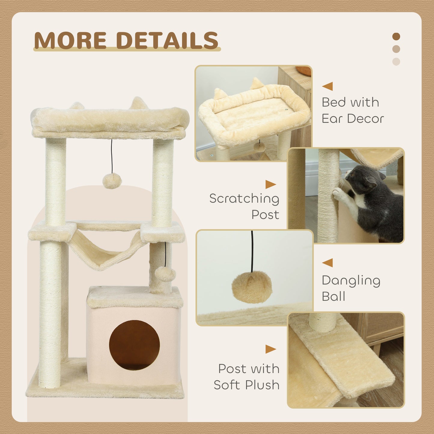 Cat Tree, 90cm Cat Tower with Sisal Scratching Posts, Cat Condo, Hammock, Top Perch and 2 Hanging Toys for Cats, Beige