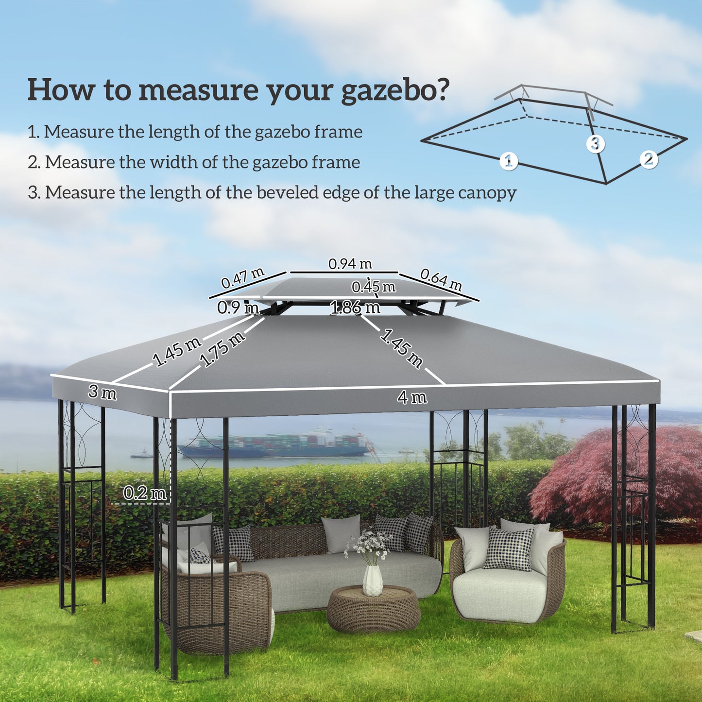 Gazebo Roof Replacement, for 3 x 4m Frames - Light Grey