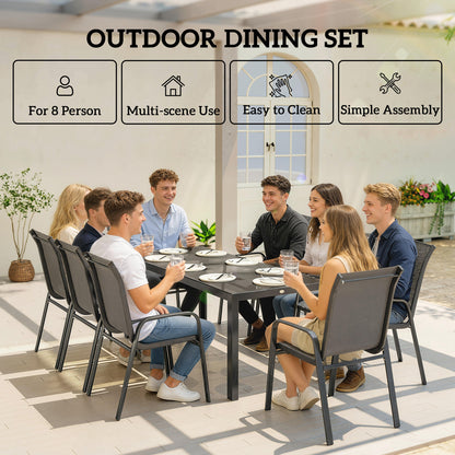 9 Pieces Garden Dining Set, Outdoor Table and Chairs Set for 8, Garden Furniture Set with Tempered Glass Top, Dark Grey