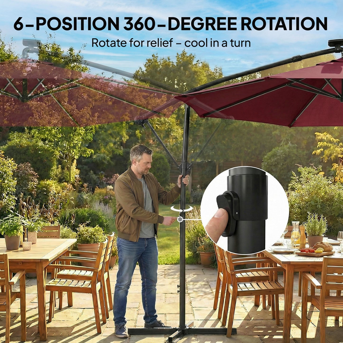 3 m Garden Cantilever Parasol with LED Solar Light, Round Overhanging Umbrella with 360° Rotation, Cover, Wine Red