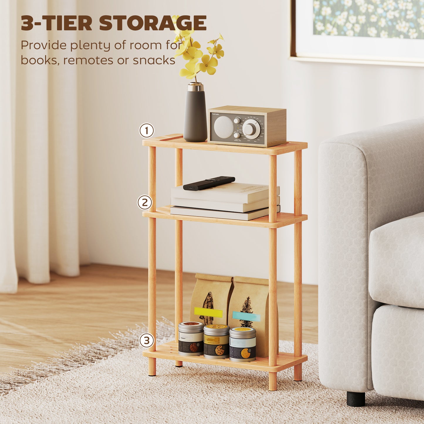 Bamboo Side Table, 3-Tier Slim End Table, Nordic Style, for Living Room, Bedroom, Office, Tool-Free Assembly