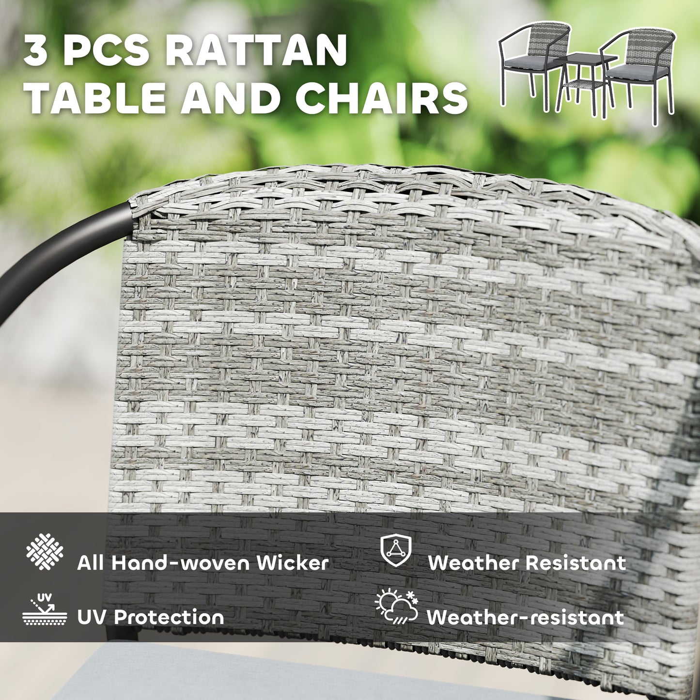 3 Pieces Rattan Bistro Set with Cushions, Wicker Garden Furniture Set, Glass Top Coffee Table and Chairs for Outdoor Patio