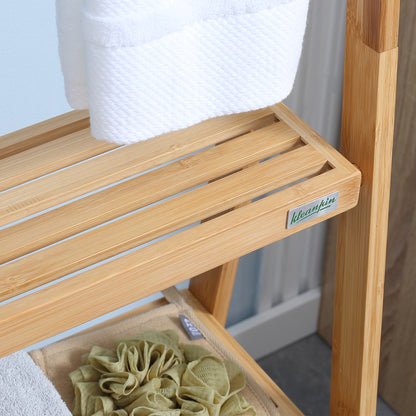 Freestanding Natural Bamboo Towel Rack with 3 Towel Rails and 3 Storage Shelves