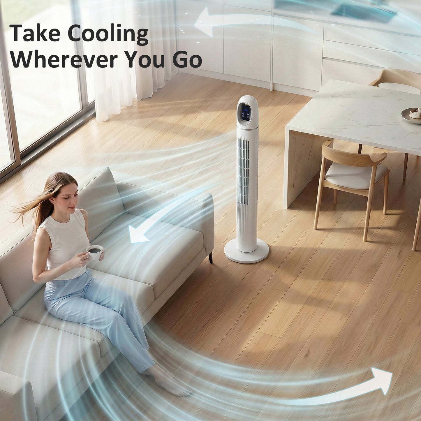 Tower Fan for Bedroom, Standing Floor Fan with Oscillating, 3 Modes, 3 Speeds, 24 Hour Timer, White