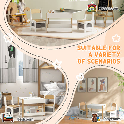 Three-Piece Kids Table and Chair Set with Blackboard, Storage, Bookshelves - Natural Wood