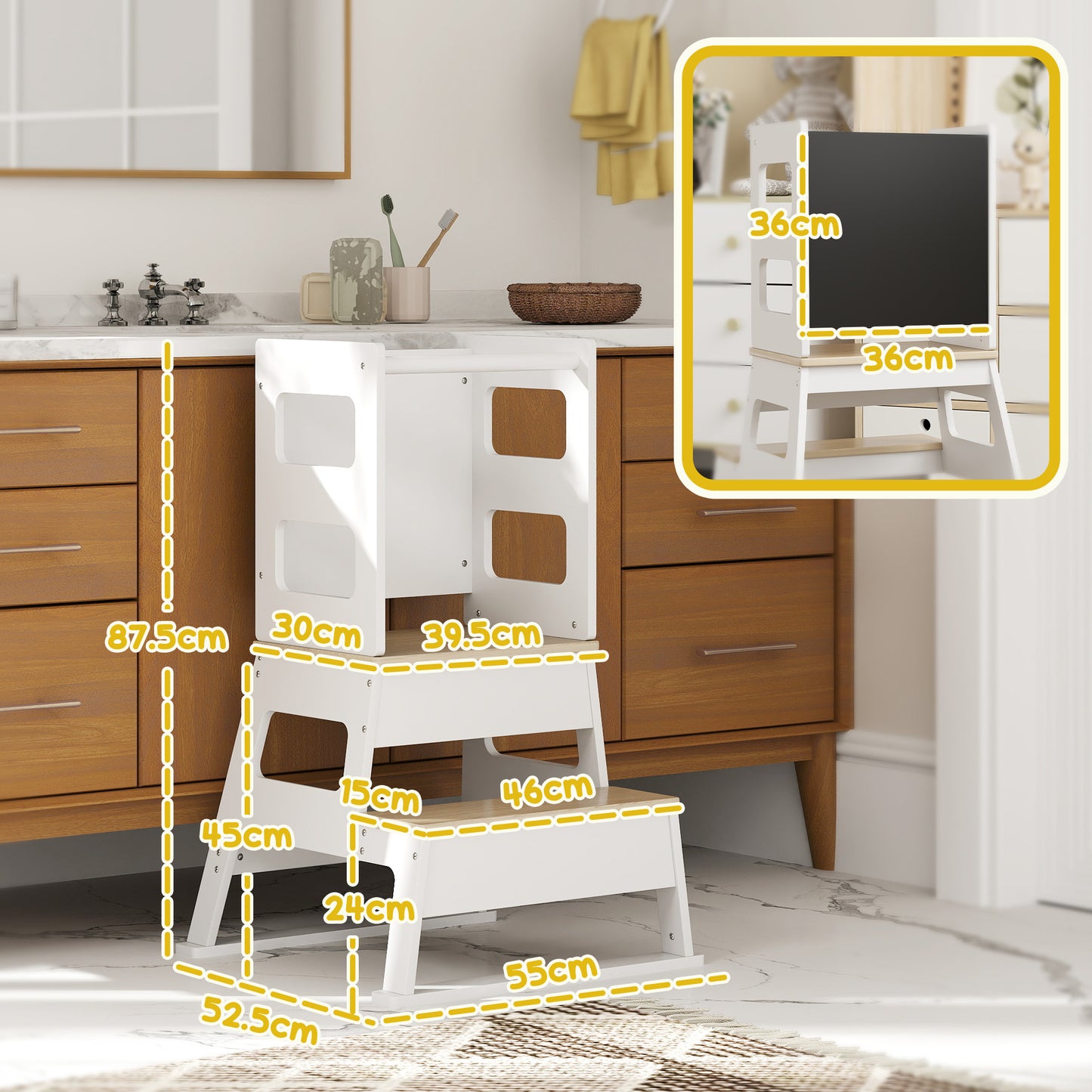 2-in-1 Toddler Tower with Chalkboard, Safety Rail for Kitchen, Counter, Bathroom, Sink, White