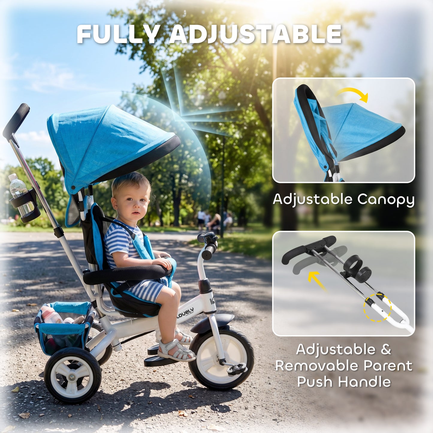 6 in 1 Kids Trike Push Bike w/ Push Handle, Canopy, 5-point Seat Belt, Storage, Footrest, Brake, for 1-5 Years, Blue