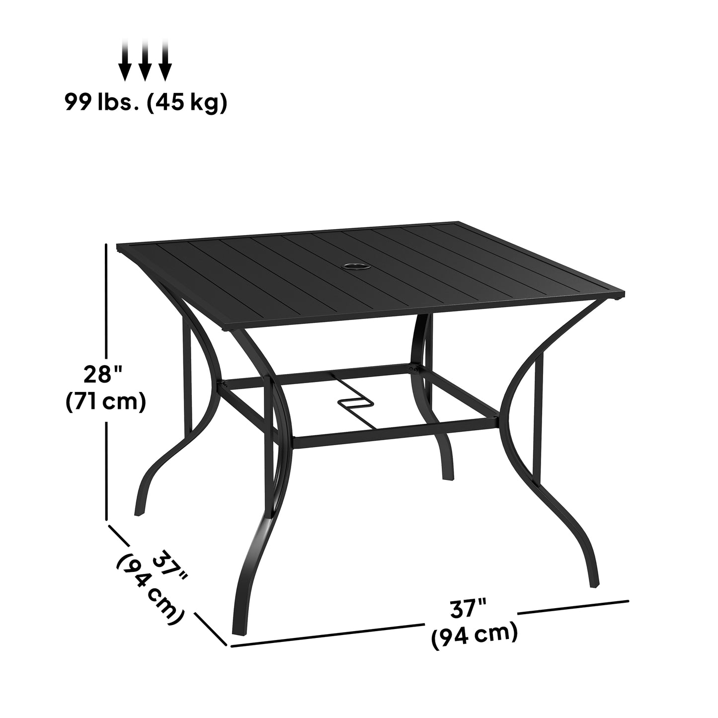 94 x 94 cm Garden Table with Parasol Hole, Outdoor Dining Garden Table for Four with Slatted Metal Plate Top, Black