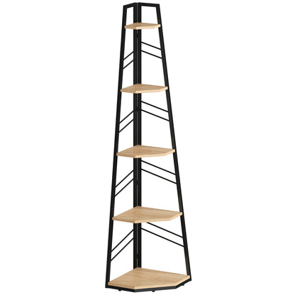 Corner Bookcase, 5-Tier Floor Standing Bookshelf, Shelving Unit for Living Room, Study, Bedroom, Natural Wood Finish
