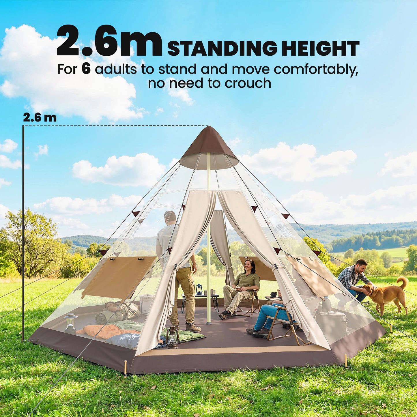 6 Men Tipi Tent with Carry Bag - Khaki