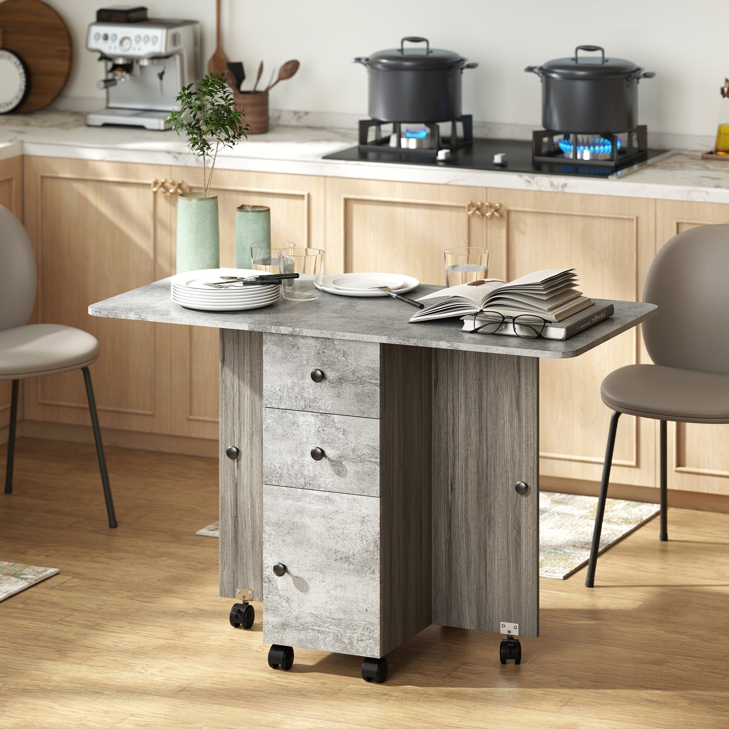 Multi-Storage Six-Person Drop Leaf Dining Table - Mixed Grey