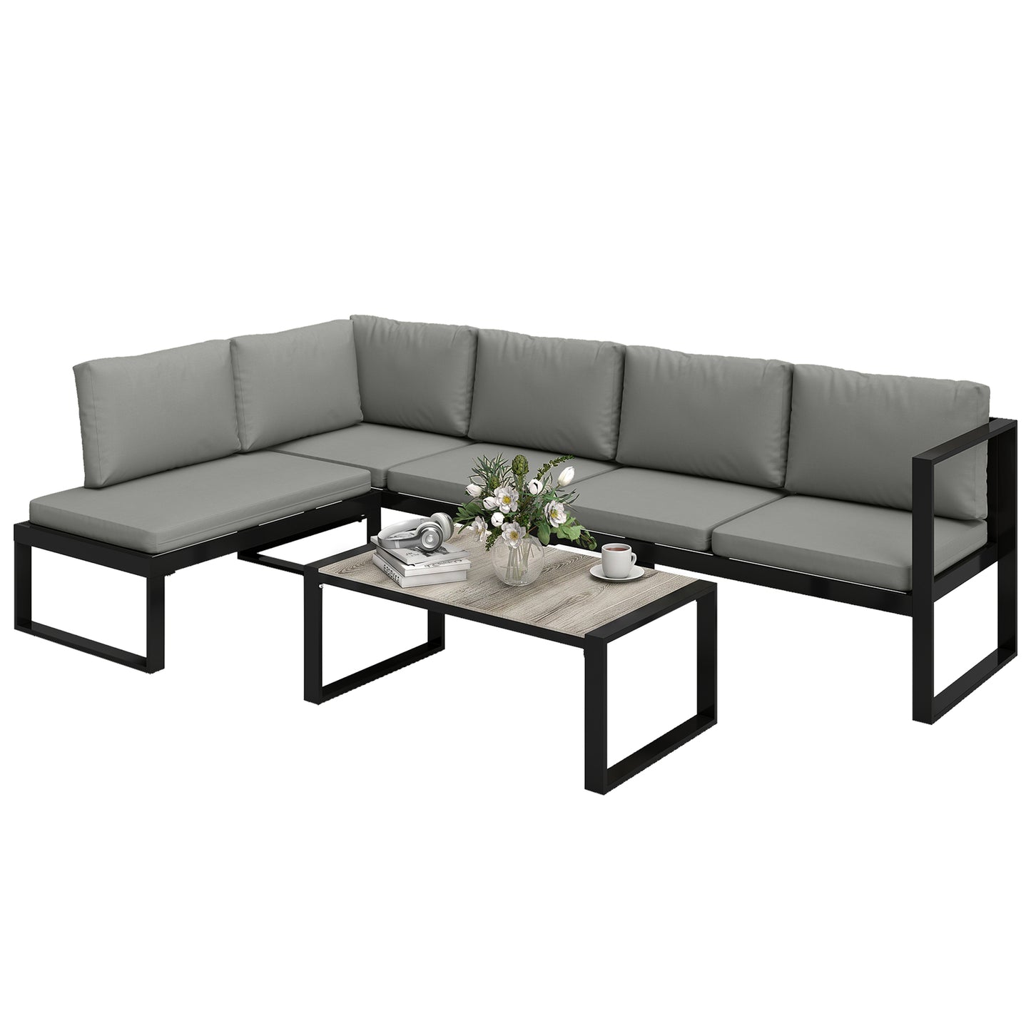 4 Piece Garden Furniture Set, Garden Sofa Set with 2 Loveseats, Armless Chair, Coffee Table for Balcony, Dark Grey
