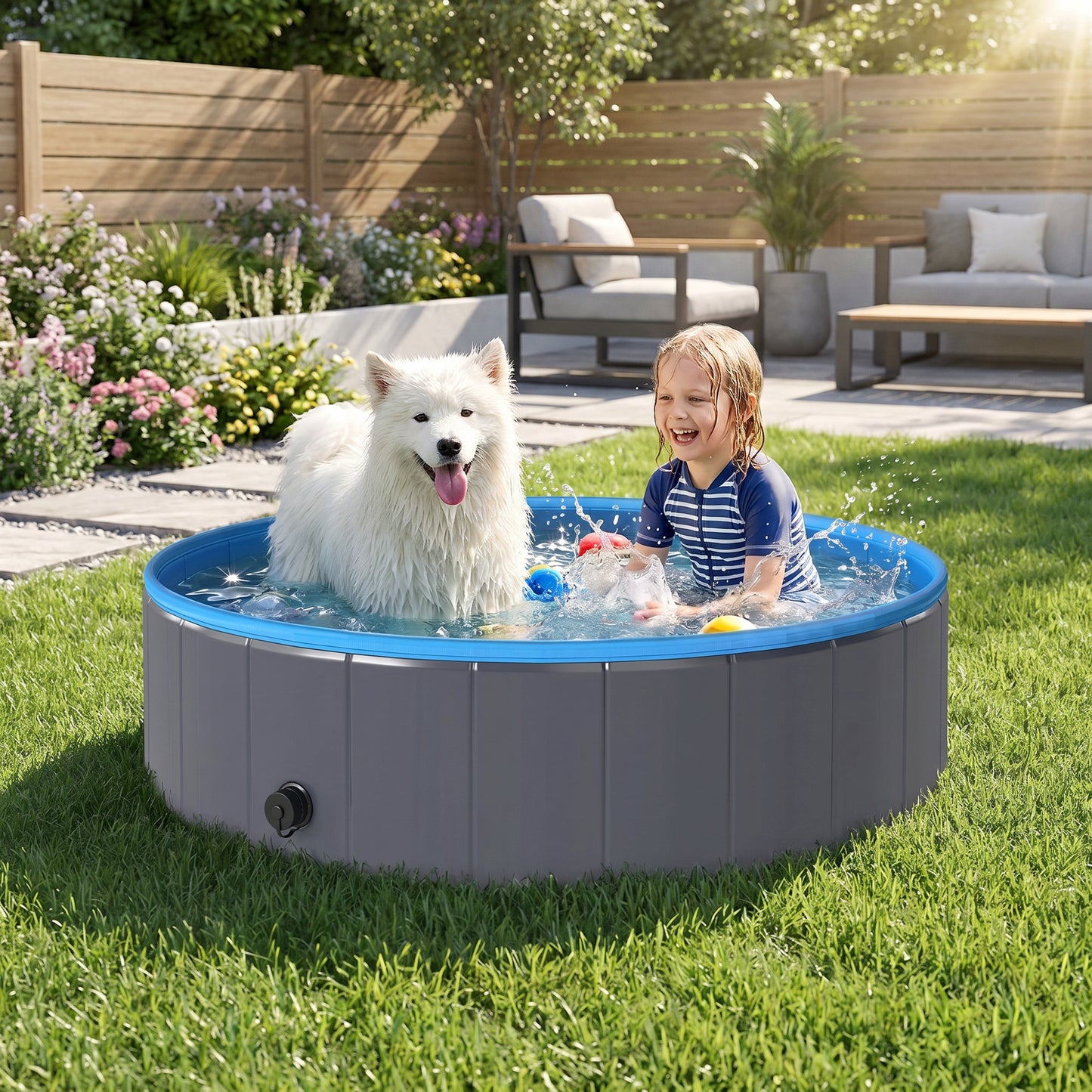 Foldable Dog Pool for Puppies and Ducks Dog Paddling Pool Bath Tub, Dark Grey, 120 x 30cm