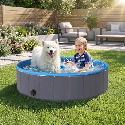 Foldable Dog Pool for Puppies and Ducks Dog Paddling Pool Bath Tub, Dark Grey, 120 x 30cm