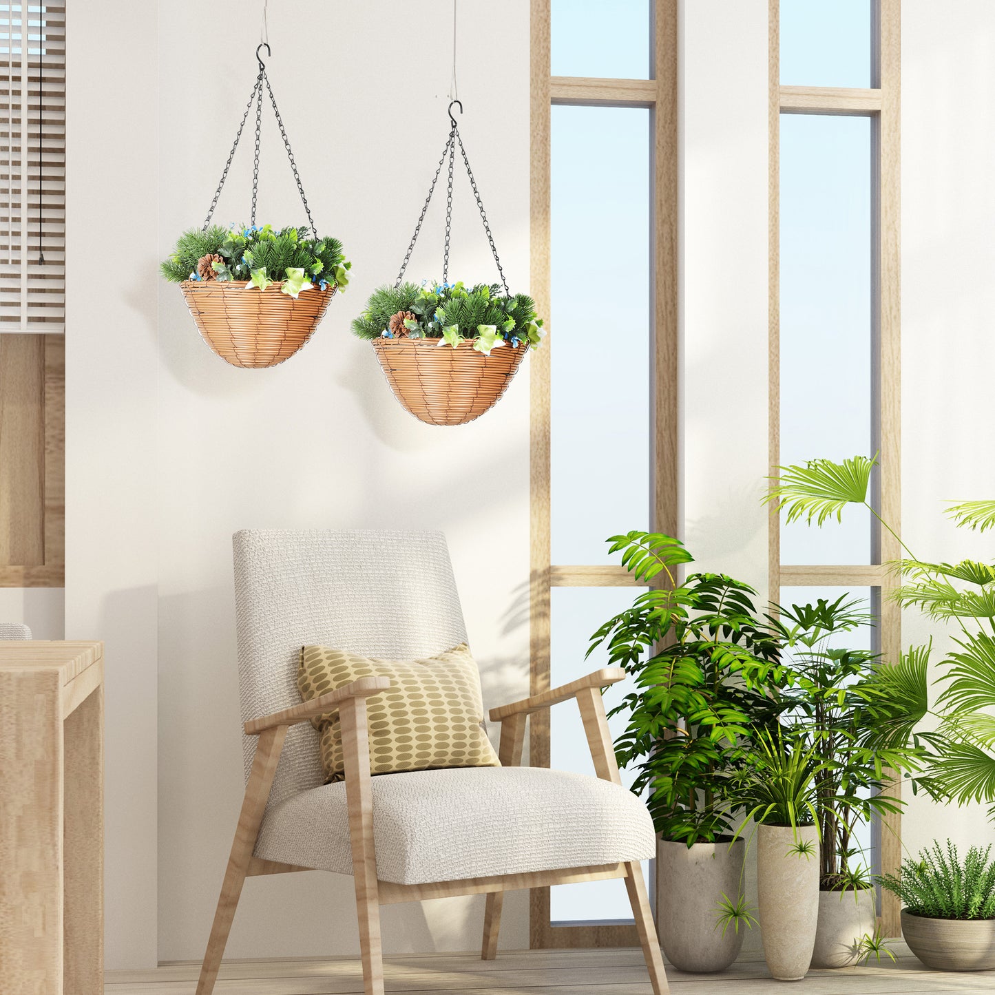 Pack of 2 Faux Plant Artificial Lisianthus Flowers, Hanging Planters with Basket, PE Leaves, 18 Flowers and 3 Pinecones