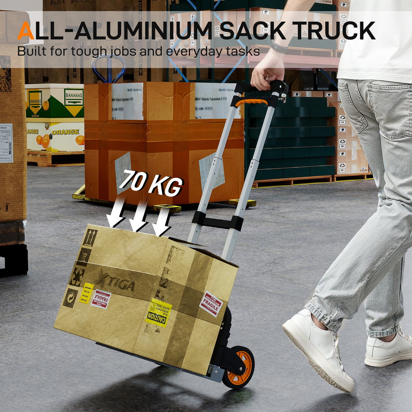 Folding Sack Truck, 70kg Lightweight Hand Truck with Wheels, Foldable Trolley Cart with Telescoping Handle for Warehouse