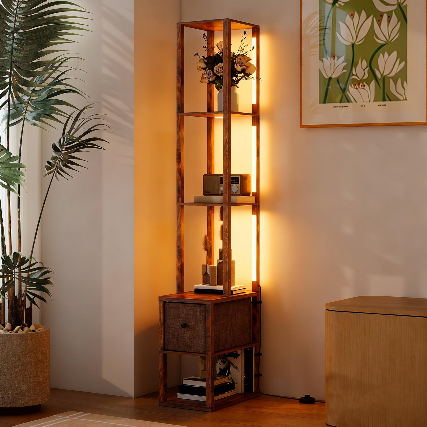 Floor Lamp with Shelves, LED Column Modern Standing Lamp with Fabric Drawer, Adjustable Brightness, Rustic Brown