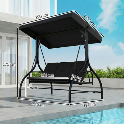 3 Seater Canopy Swing Chair, 2 in 1 Garden Swing Seat Bed, with Adjustable Canopy and Metal Frame, Black