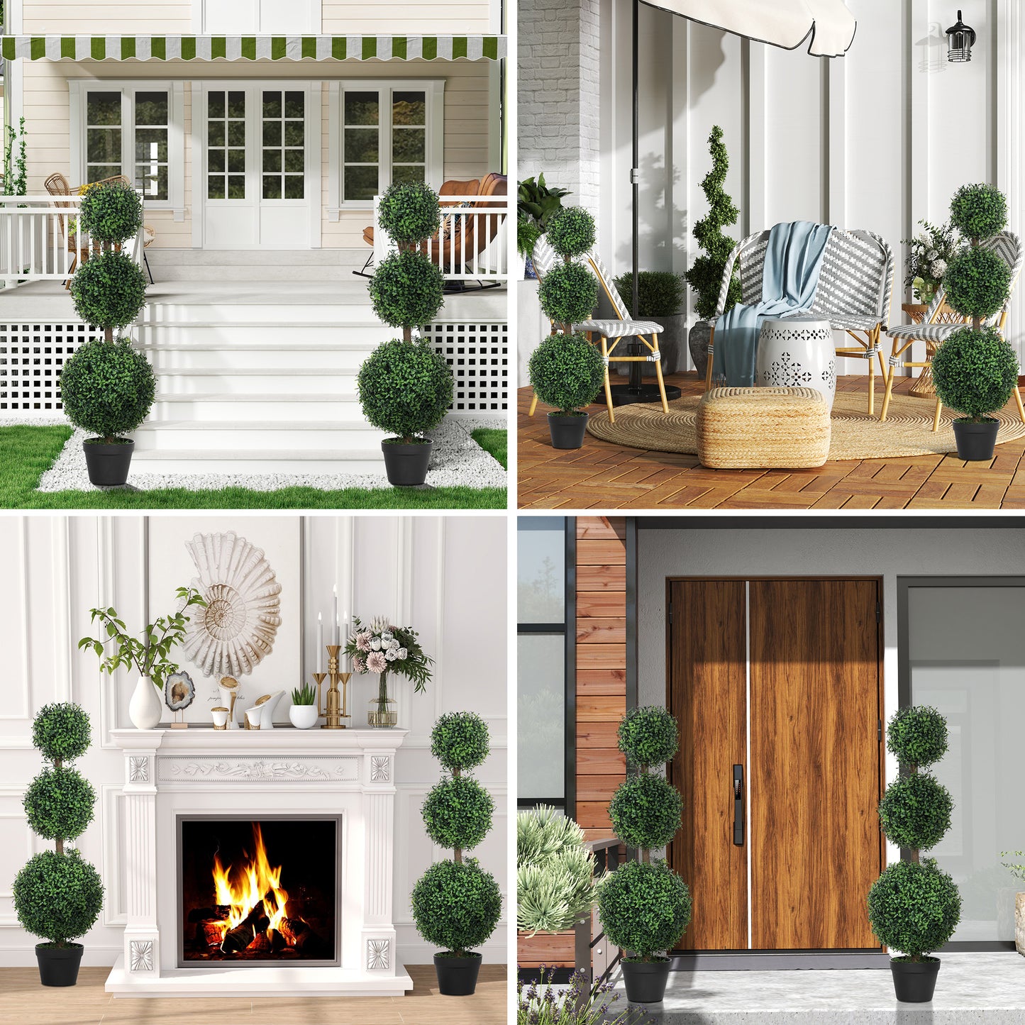 Set of 2 Decorative Artificial Trees, Topiary Ball-shaped Boxwood Trees in Pot, Fake Plants for Home Indoor outdoor Decor