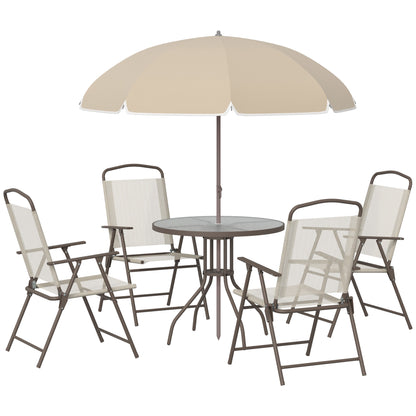 Garden Patio Texteline Folding Chairs Plus Table and Parasol Furniture Bistro Set 6 Pieces - Coffee/Cream