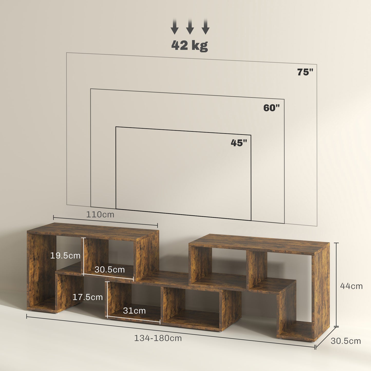Three-Block Modular TV Stand - Rustic Brown