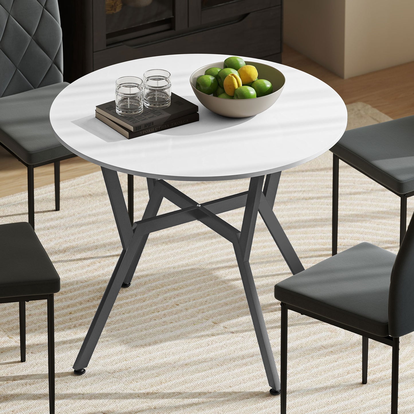 Dining Table, Round Kitchen Table with Black Legs for Living Room, Dining Room 90 x 76 cm, High Gloss White