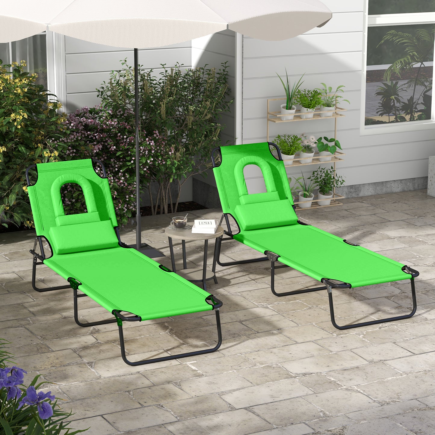 Folding Sun Loungers Set of 2 with Face Hole, 4-Position Adjustable Backrest Garden Recliner Chair Sunbed
