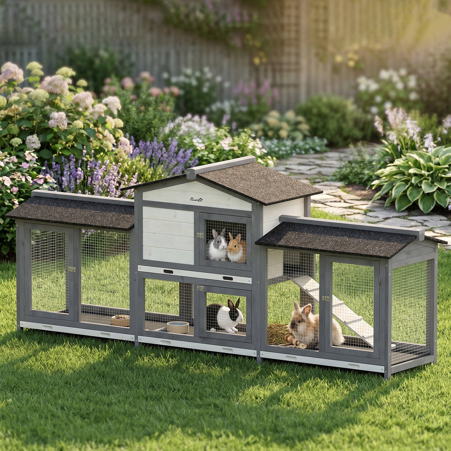 2-Tier Large Rabbit Hutch Outdoor with Double Side Run Boxes, No-leak Plastic Tray, Ramp, 230 x 53 x 93.5cm, Light Grey