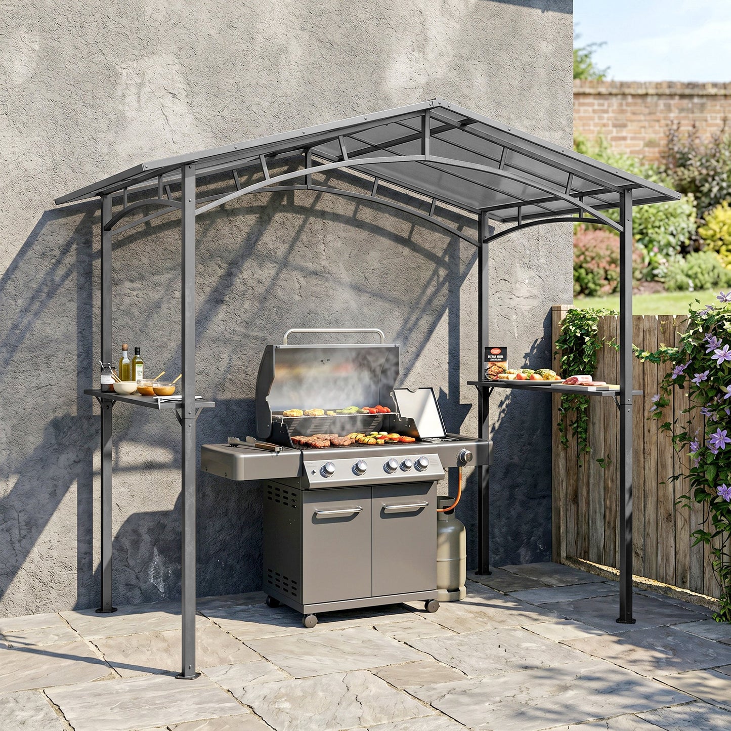 246 x 149cm Outdoor BBQ Protective Gazebo Tent Aluminium Steel Frame w/ 2 Shelves Hardtop Roof Canopy Ground Stakes Safe Cook