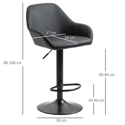 Adjustable Bar Stools Set of 2, Swivel PU Leather Barstools with Backrest & Footrest, Black