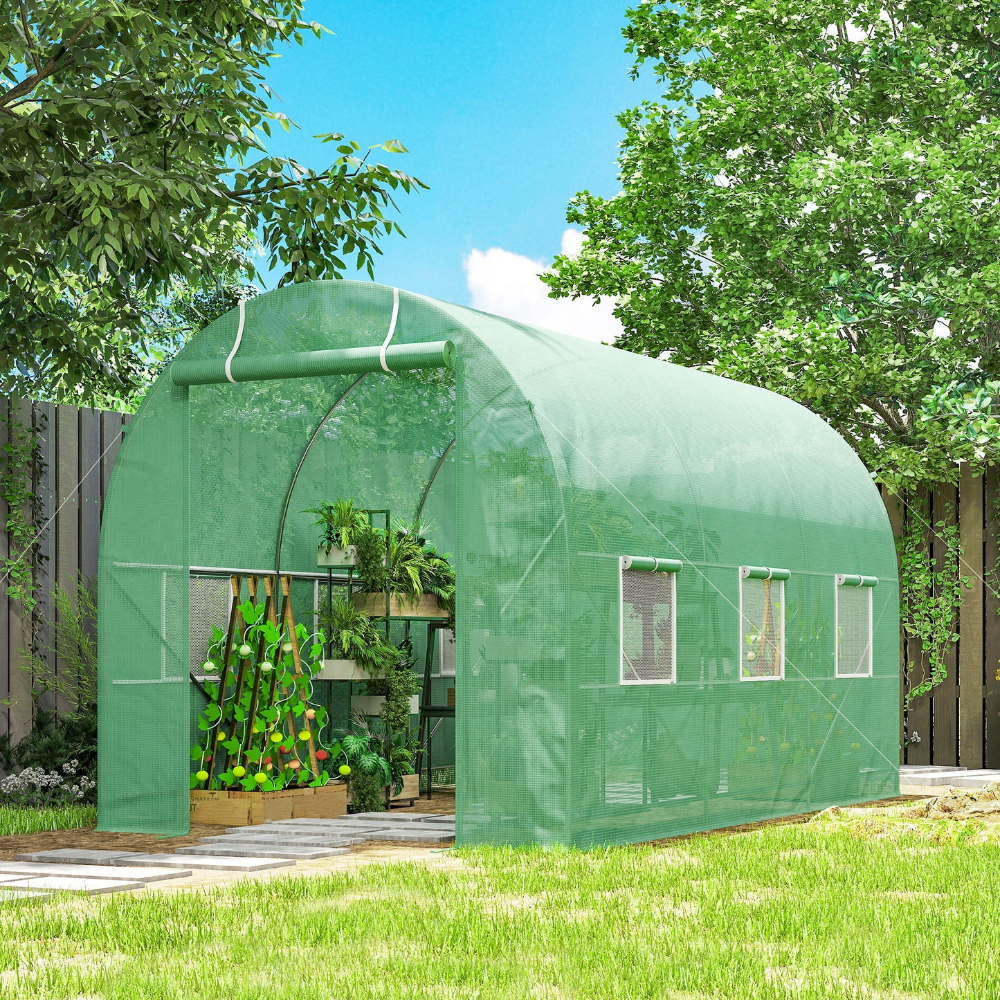 3.5 x 2m Walk-In Polytunnel Greenhouse, with Steel Frame, PE Cover, Roll-Up Door and 6 Windows, Green