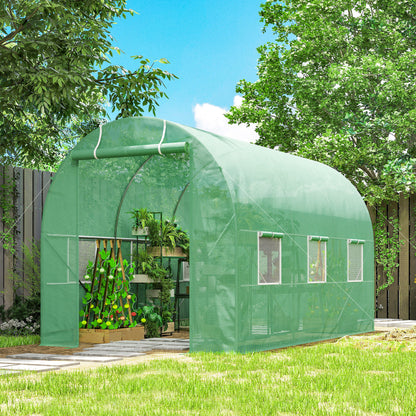 3.5 x 2m Walk-In Polytunnel Greenhouse, with Steel Frame, PE Cover, Roll-Up Door and 6 Windows, Green