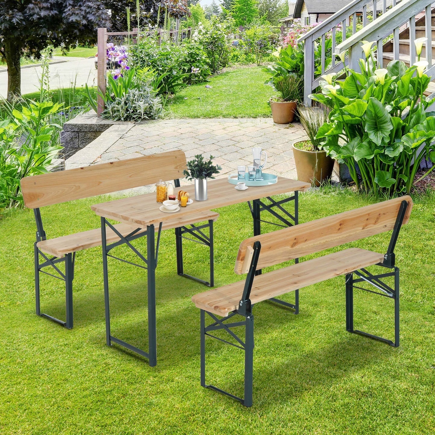 Portable Folding Camping Picnic Trestle Beer Table and 2 Bench Set Wooden Garden Furniture Patio Dining Party BBQ Chairs Stoo