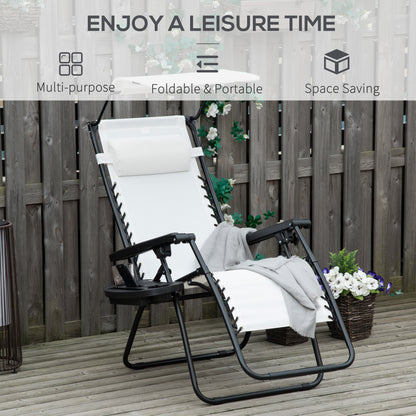 Zero Gravity Garden Folding Patio Sun Lounger w/Cup Holder & Canopy Shade White