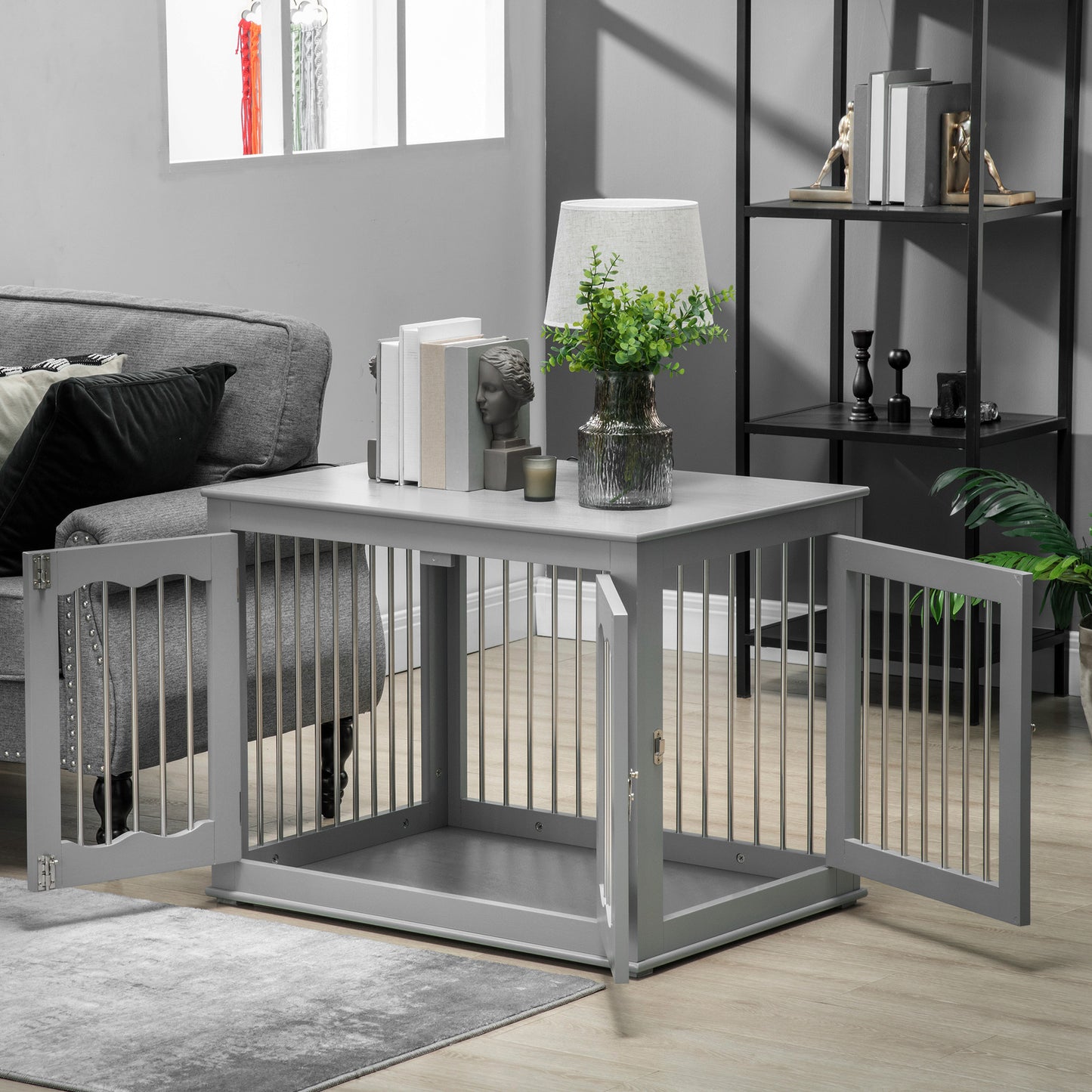 Dog Crate End Table Furniture Style Dog Cage w/ Three Doors, Locks and Latches - Grey