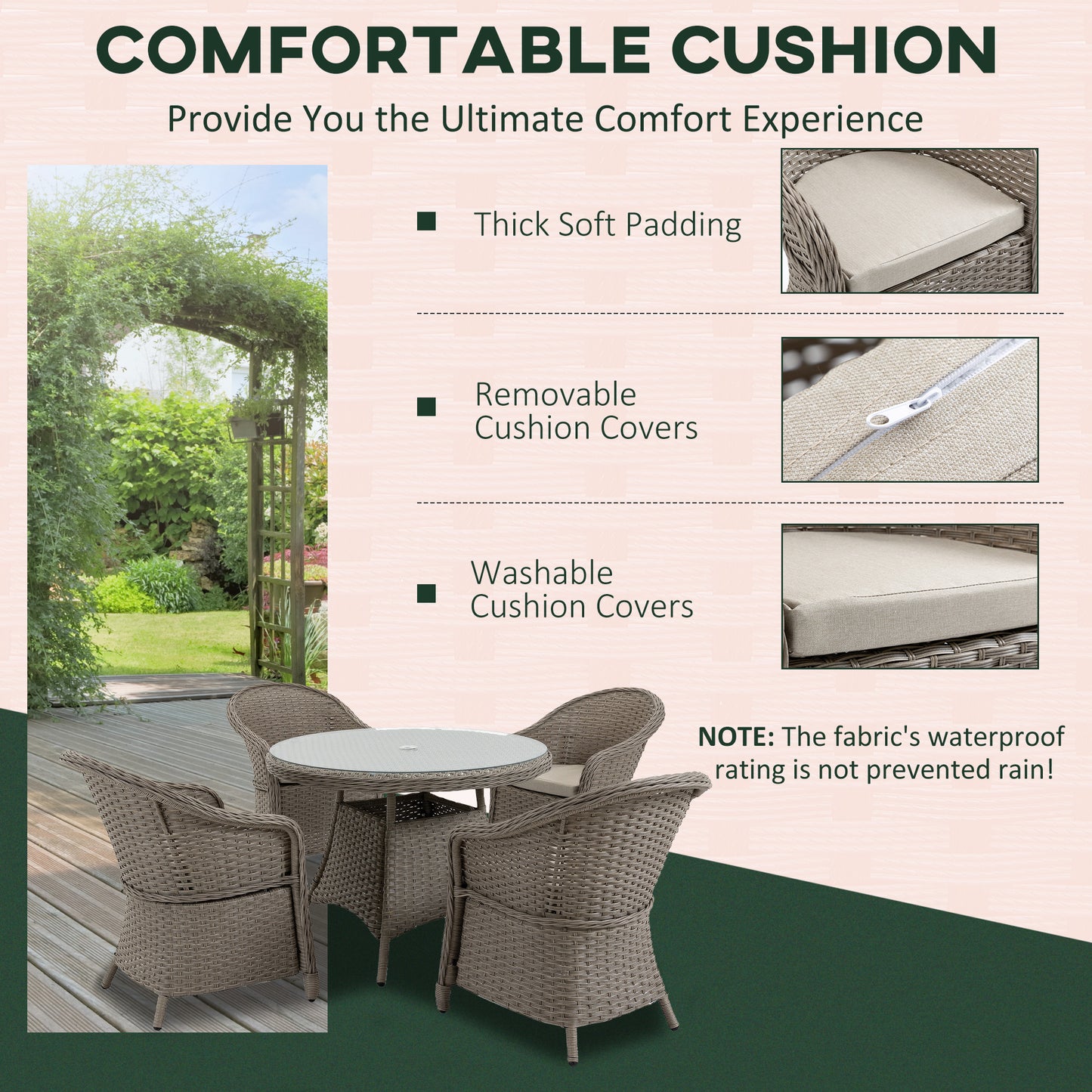 4 Seater Rattan Garden Furniture Set with Cushions, Round PE Rattan Dining Set with Glass-Top Table, Umbrella Hole