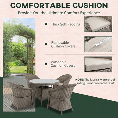 4 Seater Rattan Garden Furniture Set with Cushions, Round PE Rattan Dining Set with Glass-Top Table, Umbrella Hole