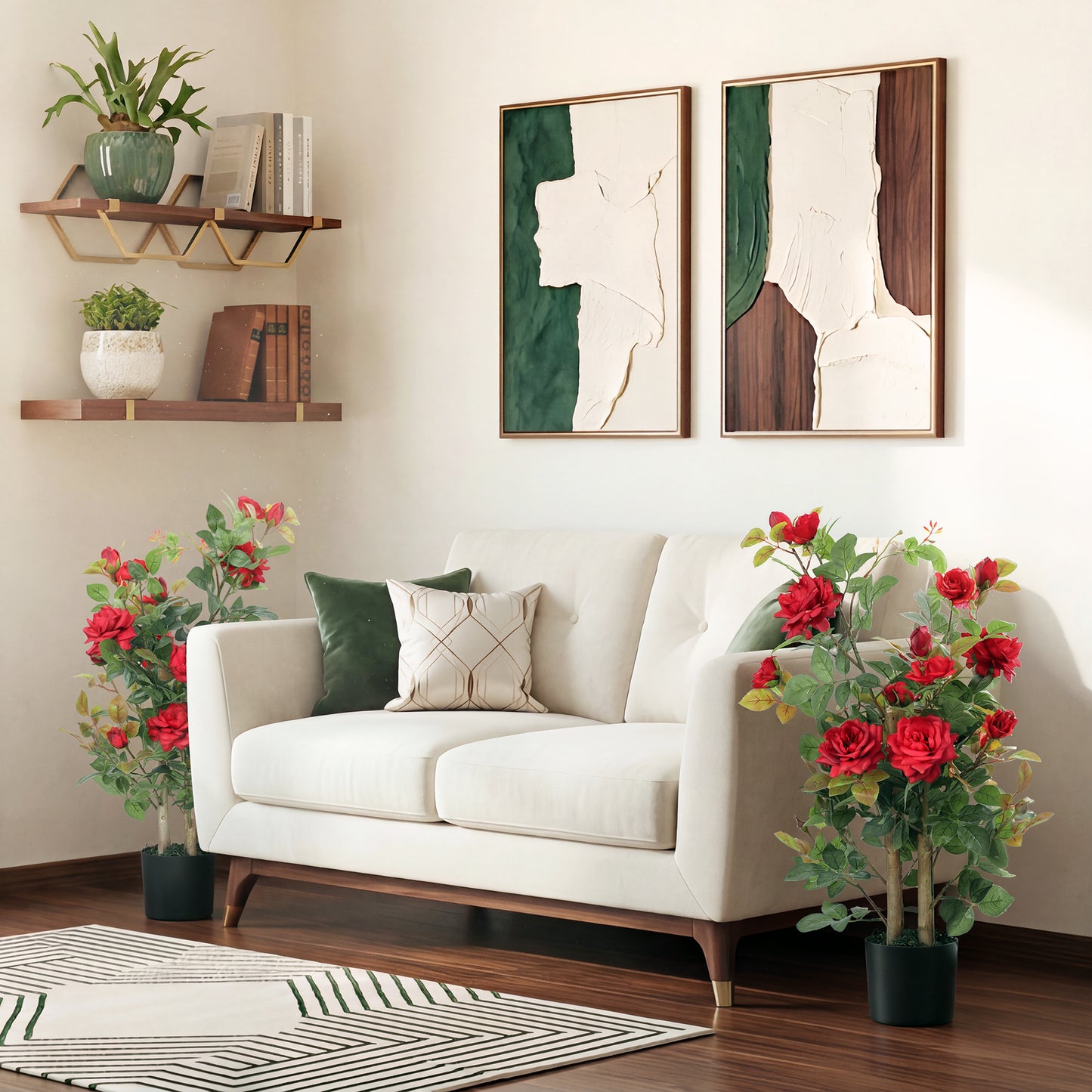 90cm Artificial Rose Tree Set of 2, Decorative Fake Plant with 344 Silk Leaves 17 Flowers for Outdoor Indoor Decor, Red