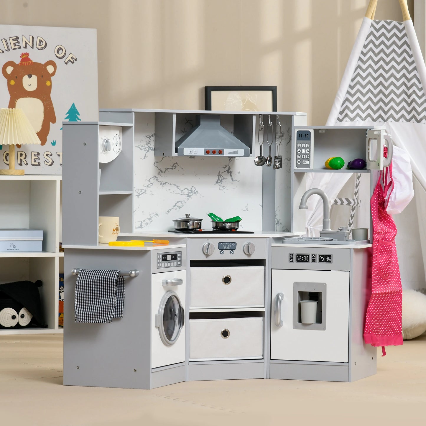 Toy Kitchen Playset with Running Water System - Grey