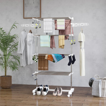 4-Shelf Collapsing Clothes Horse / Airer with Side Arms and Wheels