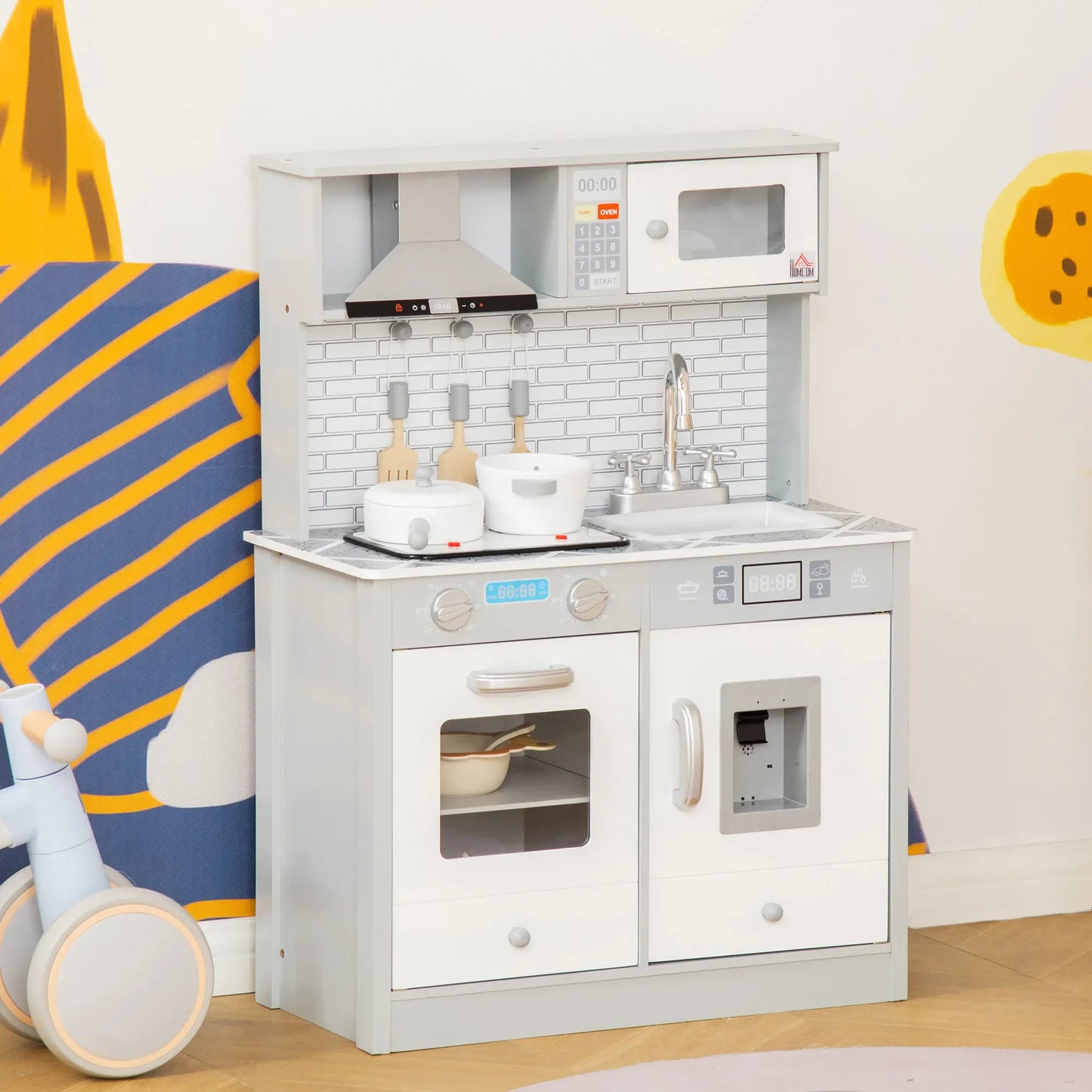 Kids Kitchen Playset with Marble Countertop and Tile Style Backdrop, Sound and Light effects and Accessories