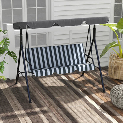 3-Seater Swing Chair with Adjustable Overhead Sun Protection Canopy - Grey / White Stripe