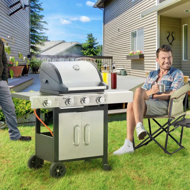 3 Burner Gas Grill + 1 Side Burner Stove Top with Side Shelf and Underneath Storage