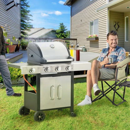 3 Burner Gas Grill + 1 Side Burner Stove Top with Side Shelf and Underneath Storage