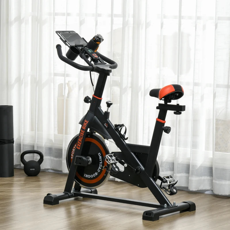 Indoor Cycling Exercise Bike with Adjustable Resistance and Large Phone / Tablet Holder (8kg Flywheel) - Black / Orange