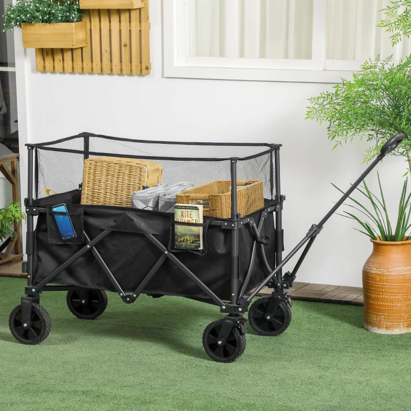 180 Litre - Folding Garden Trolley with Extendable Mesh Side Wall Surrounding - Black