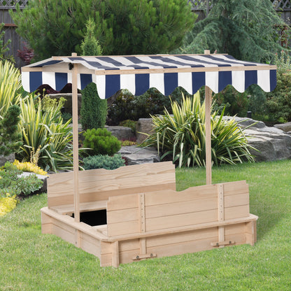 Kids Square Wooden Sandpit with 2 Benches and Adjustable Canopy - Navy